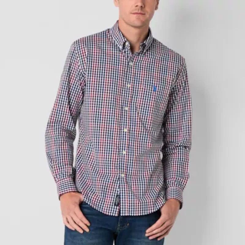 U.S. Polo Assn. Cotton Stretch Poplin Mens Y Neck Long Sleeve Classic Fit Fabric Embroidered Button-Down Shirt