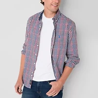 U.S. Polo Assn. Cotton Stretch Poplin Mens Y Neck Long Sleeve Classic Fit Fabric Embroidered Button-Down Shirt