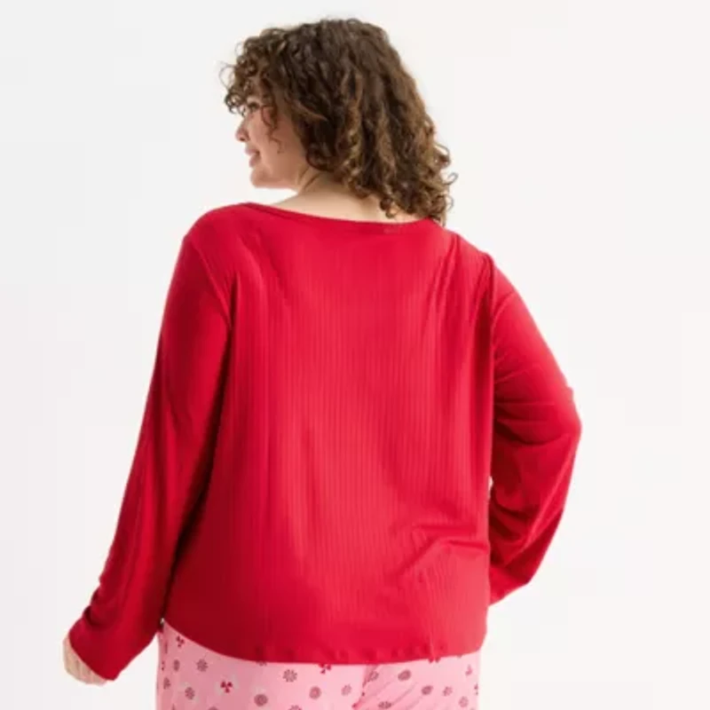 Sleep Chic Womens Rib Round Neck Long Sleeve Plus Pajama Top
