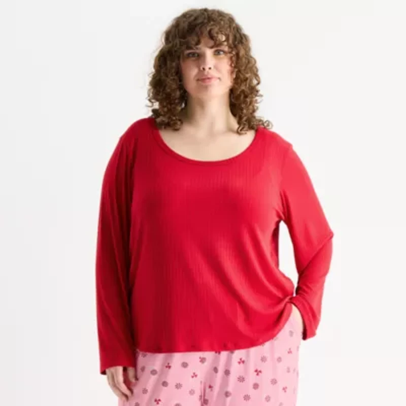 Sleep Chic Womens Rib Round Neck Long Sleeve Plus Pajama Top