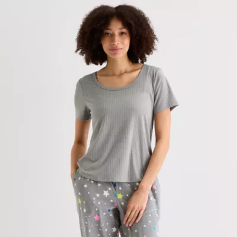 Sleep Chic Womens Rib Round Neck Short Sleeve Pajama Top