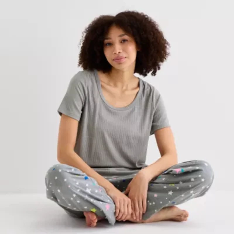 Sleep Chic Womens Rib Round Neck Short Sleeve Pajama Top