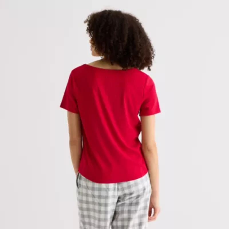 Sleep Chic Womens Rib Round Neck Short Sleeve Pajama Top