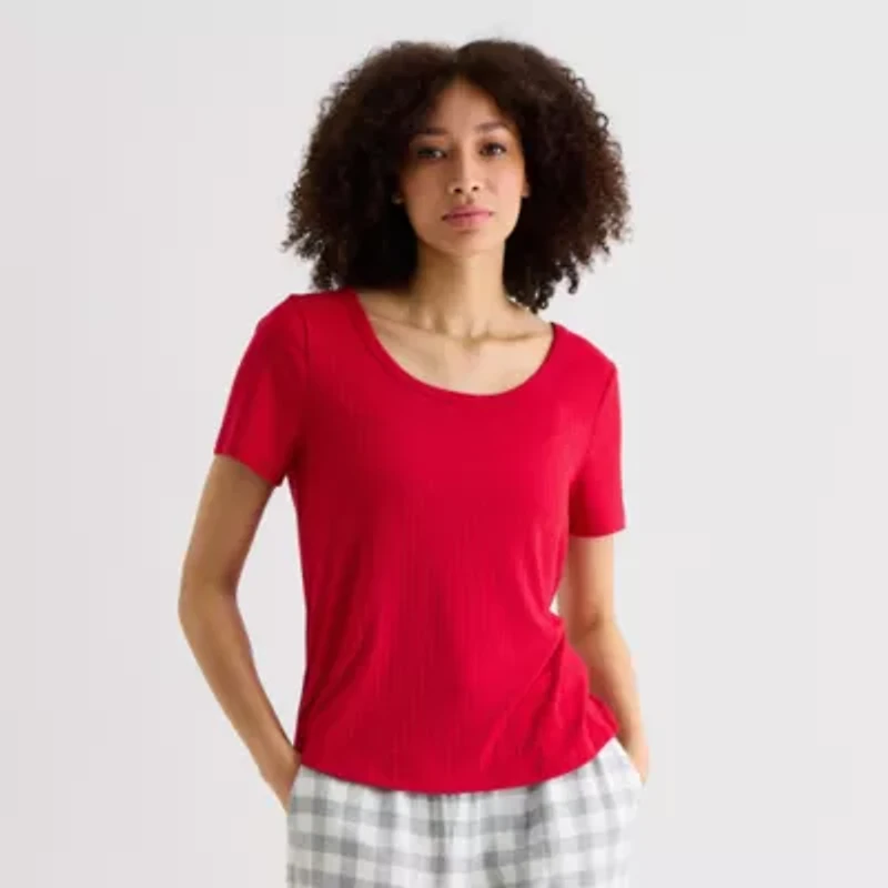 Sleep Chic Womens Rib Round Neck Short Sleeve Pajama Top