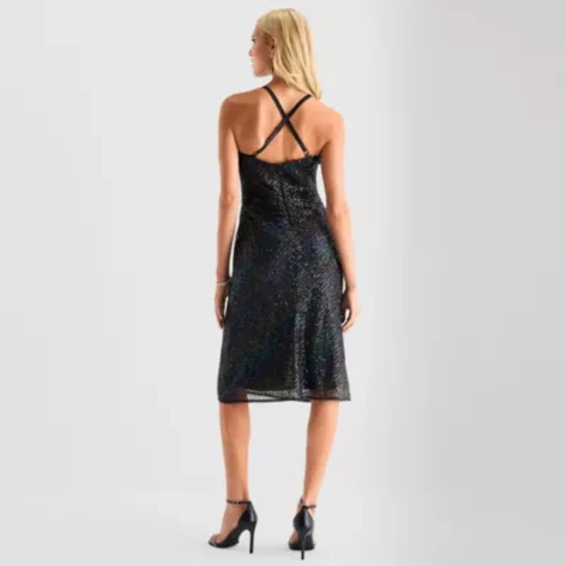 Bob Mackie Womens Sleeveless Sequin Midi A-Line Dress