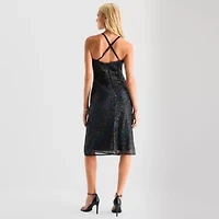 Bob Mackie Womens Sleeveless Sequin Midi A-Line Dress