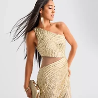 Bob Mackie Womens Sequin Sleeveless Off the Shoulder Midi Sheath Dress