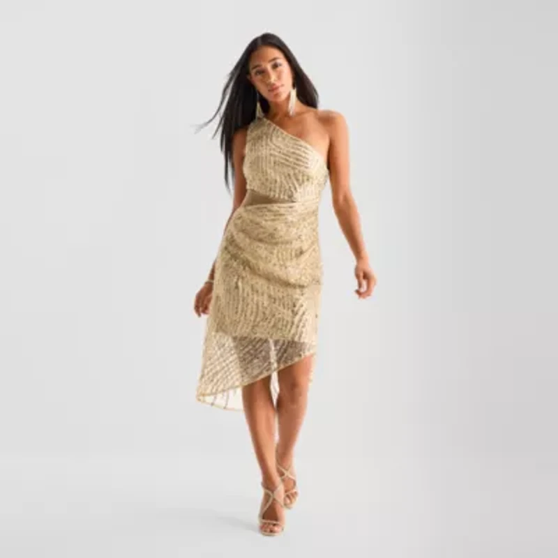 Bob Mackie Womens Sequin Sleeveless Off the Shoulder Midi Sheath Dress