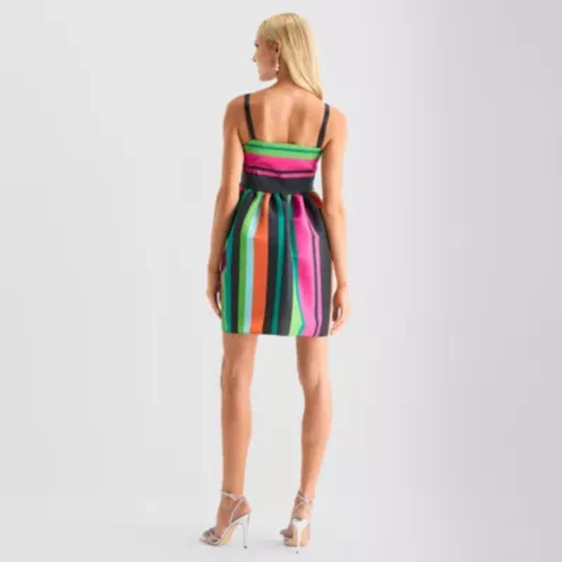 Bob Mackie Womens Sleeveless Striped Fit + Flare Dress