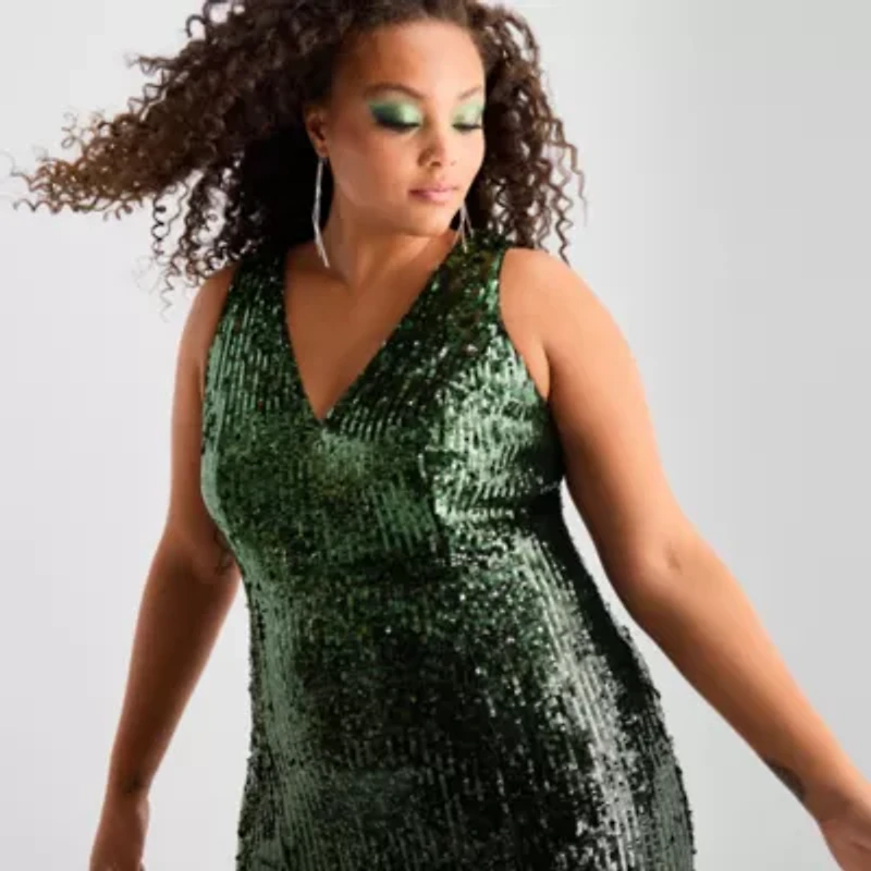 Bob Mackie Womens Plus Sleeveless Sequin Evening Gown