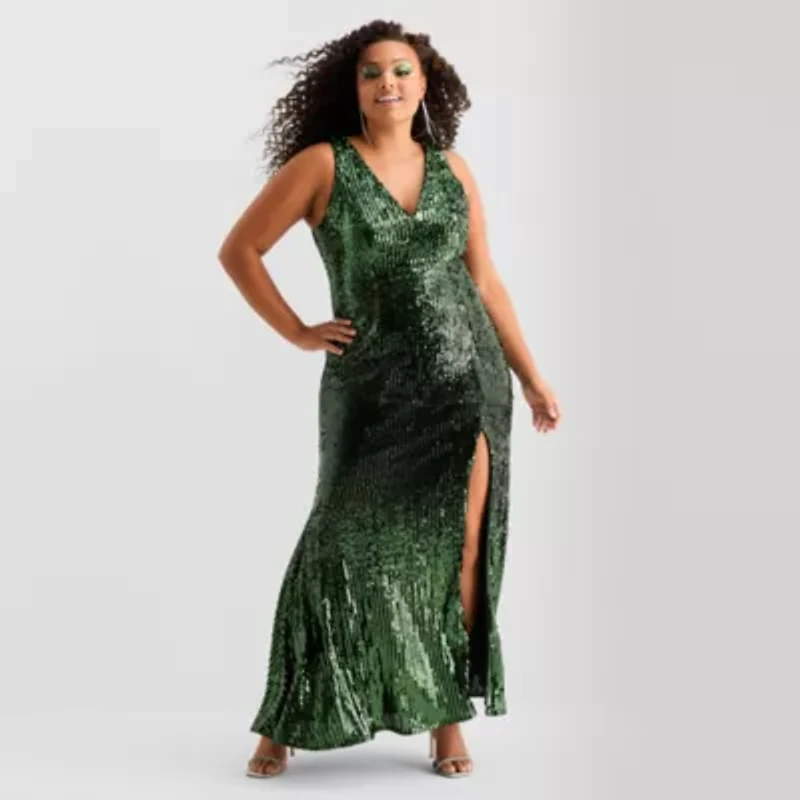 Bob Mackie Womens Plus Sleeveless Sequin Evening Gown