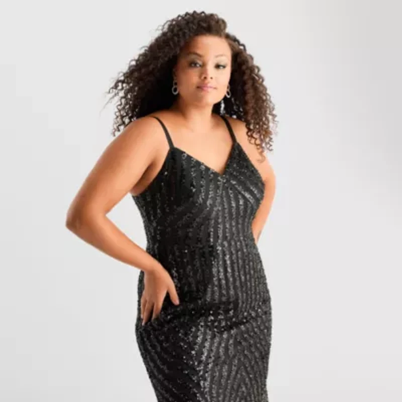 Bob Mackie Womens Plus Sleeveless Sequin Evening Gown