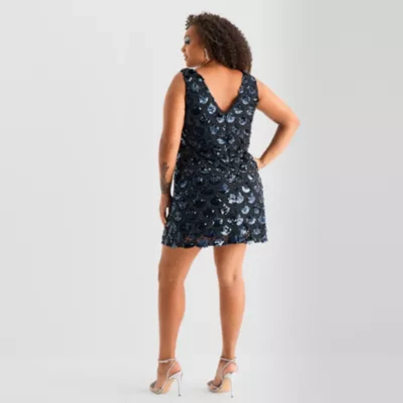 Bob Mackie Womens Plus Sleeveless Sequin A-Line Dress