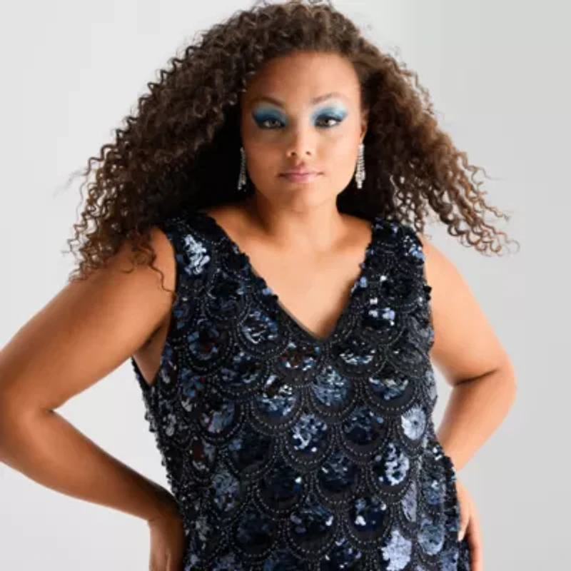 Bob Mackie Womens Plus Sleeveless Sequin A-Line Dress