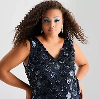Bob Mackie Womens Plus Sleeveless Sequin A-Line Dress