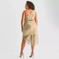 Bob Mackie Womens Sequin Sleeveless Off the Shoulder Midi Plus Sheath Dress