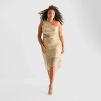 Bob Mackie Womens Sequin Sleeveless Off the Shoulder Midi Plus Sheath Dress