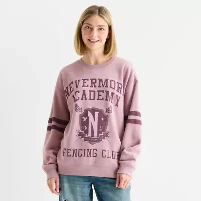 New World Wednesday Adams Nevermore Fencing Club Crew Sweatshirt Womens Neck Long Sleeve Addams Juniors