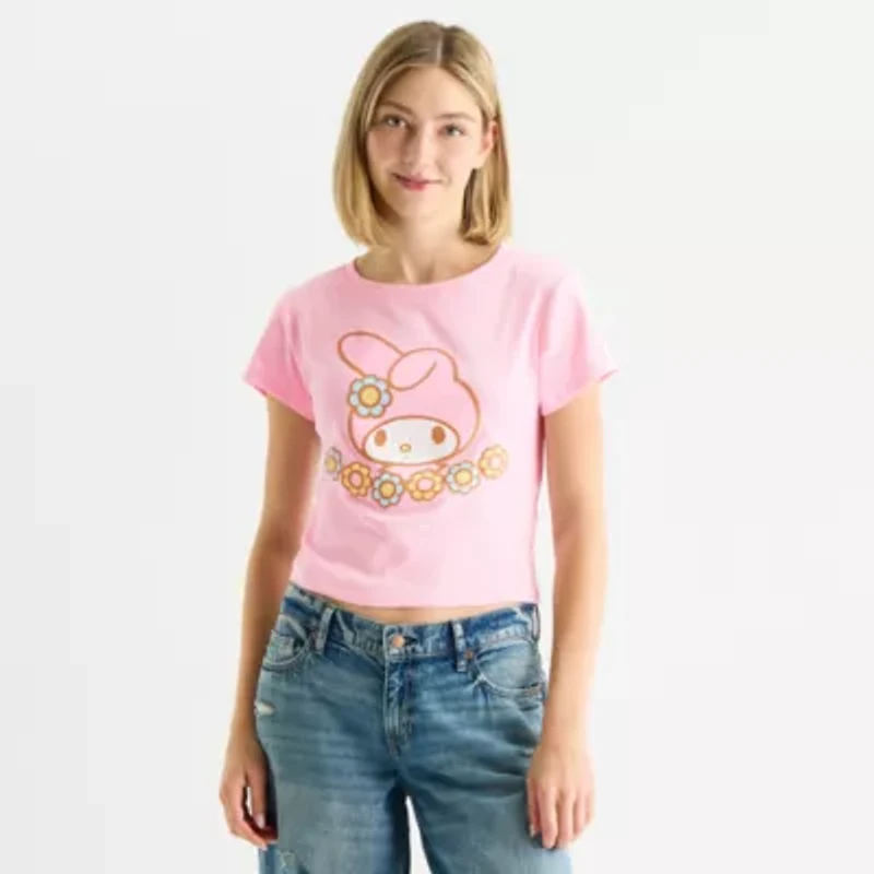 Womens Crew Neck Short Sleeve Fitted Hello Kitty Juniors Graphic T-Shirt