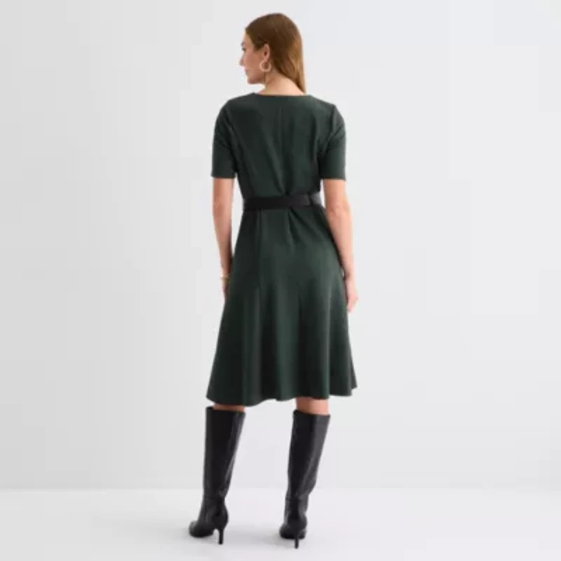 Perceptions Womens Short Sleeve Midi Fit + Flare Dress