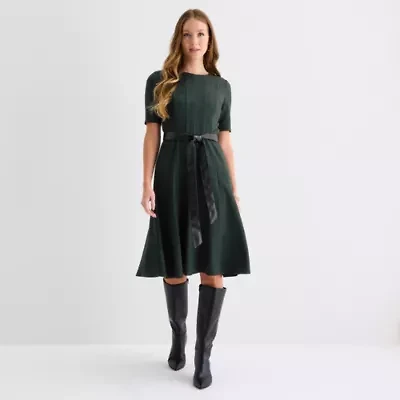 Perceptions Womens Short Sleeve Midi Fit + Flare Dress