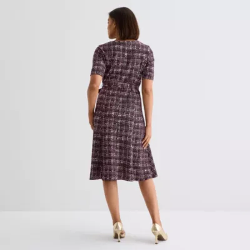 Perceptions Womens Short Sleeve Plaid Midi Fit + Flare Dress