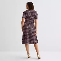 Perceptions Womens Short Sleeve Plaid Midi Fit + Flare Dress
