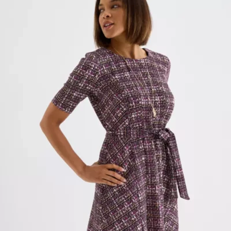 Perceptions Womens Short Sleeve Plaid Midi Fit + Flare Dress