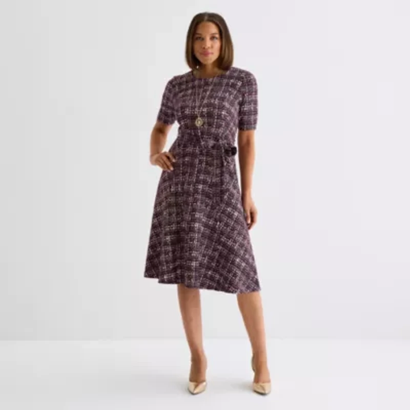 Perceptions Womens Short Sleeve Plaid Midi Fit + Flare Dress