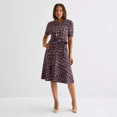 Perceptions Womens Short Sleeve Plaid Midi Fit + Flare Dress