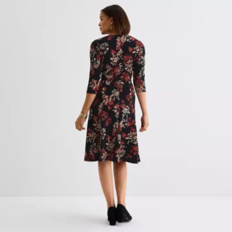 Perceptions Womens 3/4 Sleeve Floral Midi Fit + Flare Dress