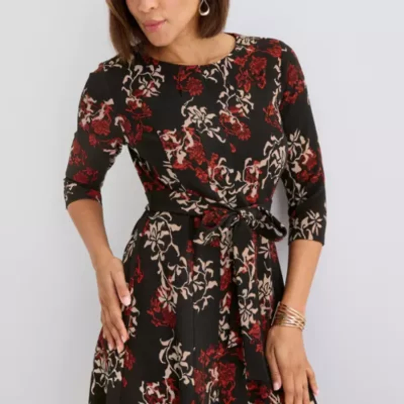 Perceptions Womens 3/4 Sleeve Floral Midi Fit + Flare Dress