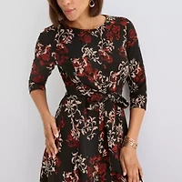 Perceptions Womens 3/4 Sleeve Floral Midi Fit + Flare Dress