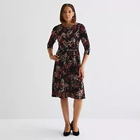 Perceptions Womens 3/4 Sleeve Floral Midi Fit + Flare Dress