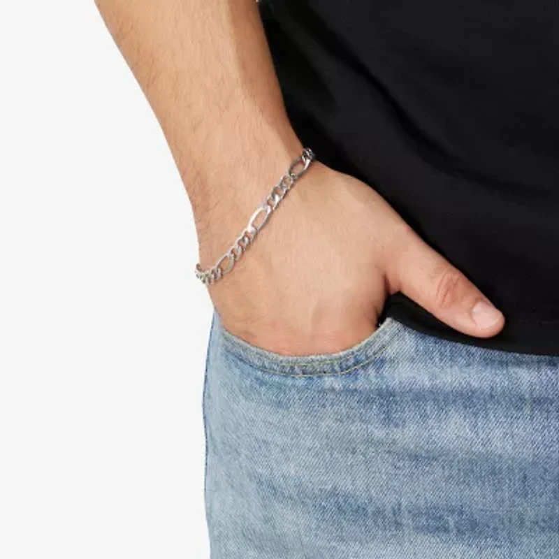 Made in Italy Mens 10K White Gold 8 1/2 Inch Semisolid Figaro Chain Bracelet