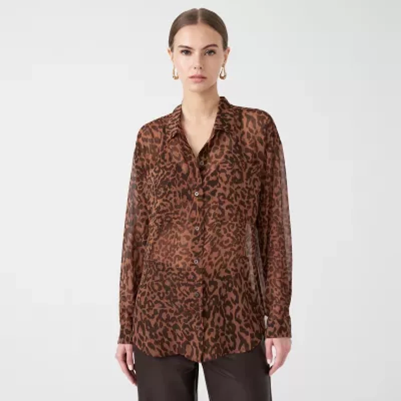 RM Rebecca Minkoff Womens Long Sleeve Cuffed Regular Fit Button-Down Shirt