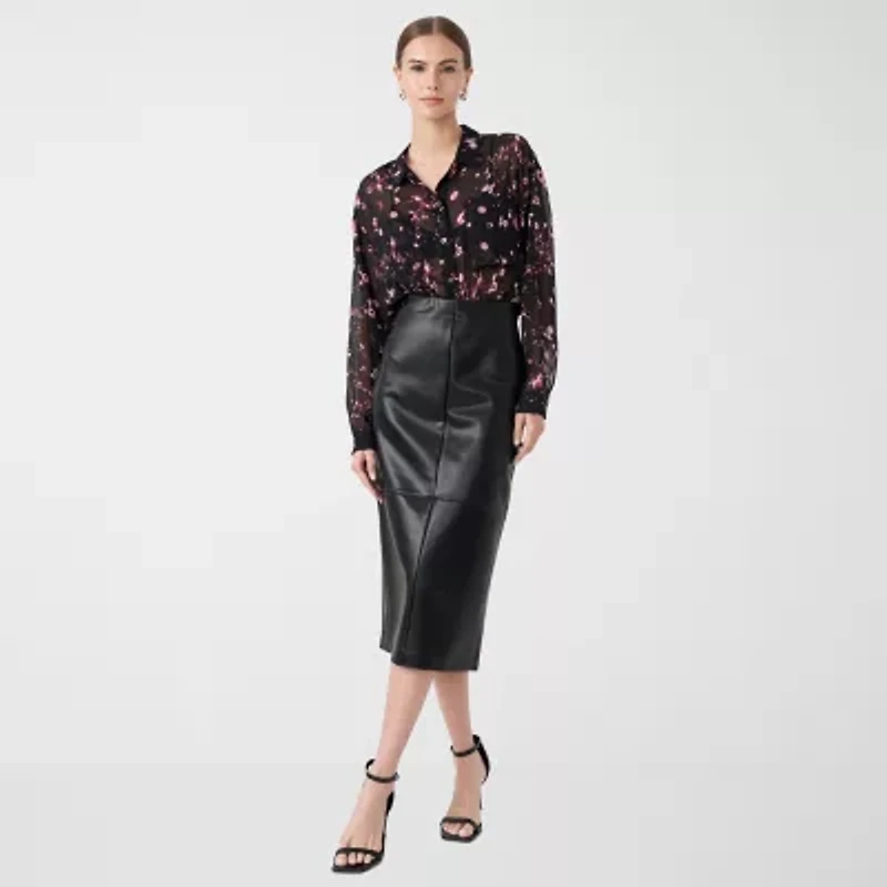 RM Rebecca Minkoff Womens Midi Faux Leather Pencil Skirt