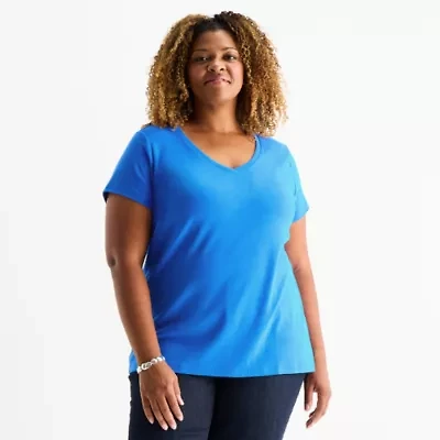 St. John's Bay Womens Plus V Neck Short Sleeve T-Shirt