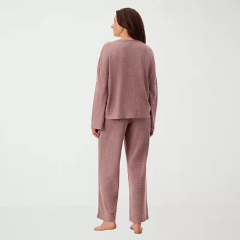 Martha Stewart Womens Waffle Round Neck Long Sleeve 2-pc. Average Figure Pajama Top