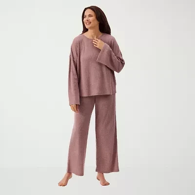 Martha Stewart Womens Waffle Round Neck Long Sleeve 2-pc. Average Figure Pajama Top