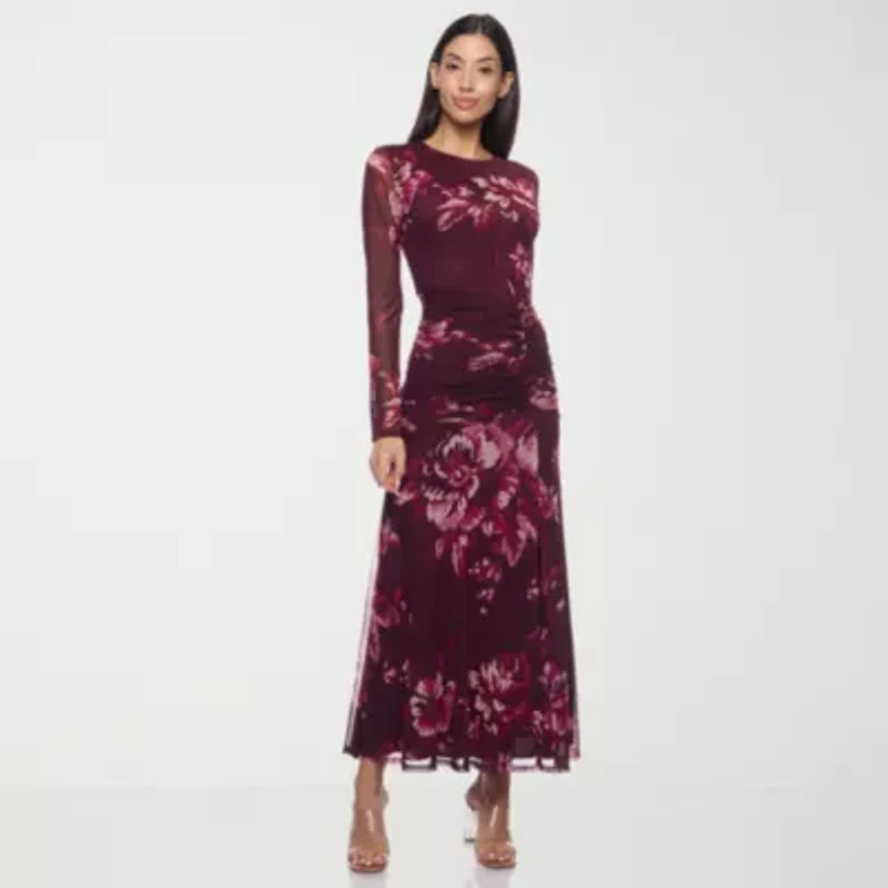 Premier Amour Womens Long Sleeve Midi Floral Sheath Dress