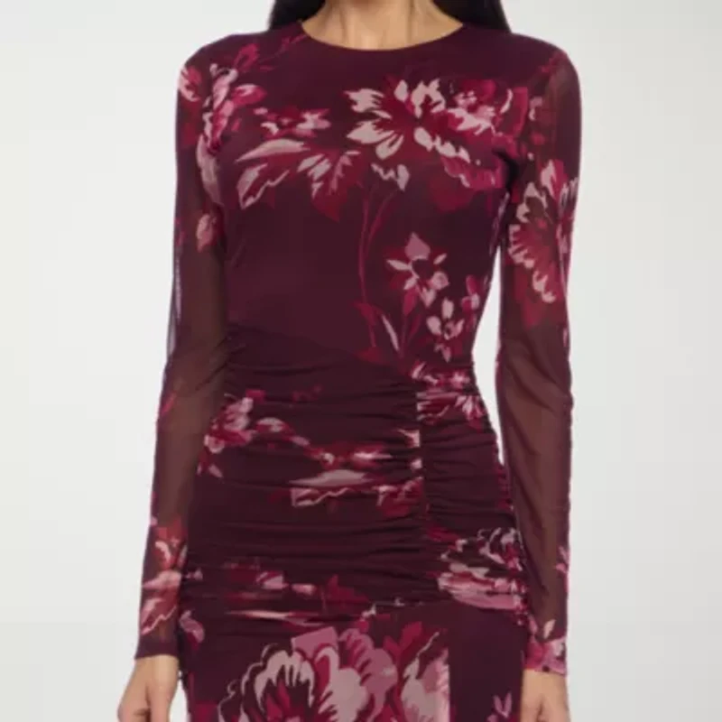 Premier Amour Womens Long Sleeve Midi Floral Sheath Dress