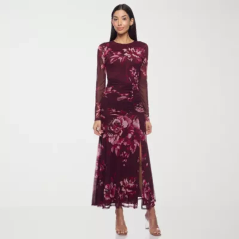 Premier Amour Womens Long Sleeve Midi Floral Sheath Dress