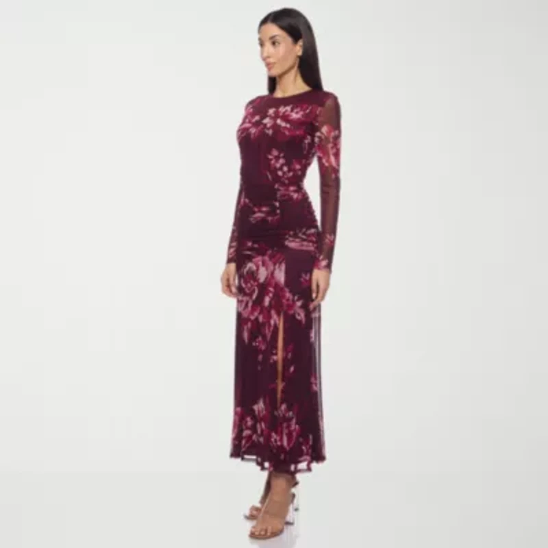 Premier Amour Womens Long Sleeve Midi Floral Sheath Dress