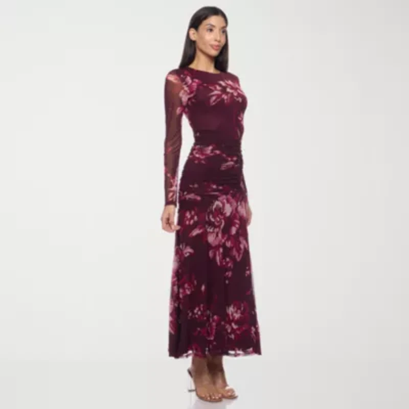 Premier Amour Womens Long Sleeve Midi Floral Sheath Dress