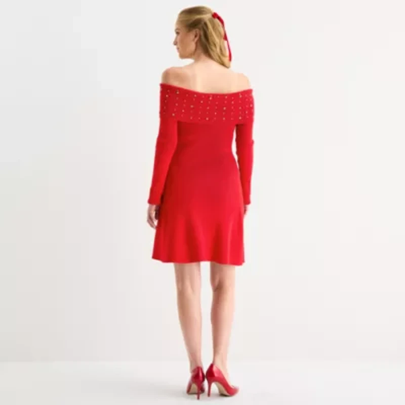 by&by Off Shoulder Womens Juniors Long Sleeve Embellished Sweater Dress