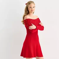 by&by Off Shoulder Womens Juniors Long Sleeve Embellished Sweater Dress