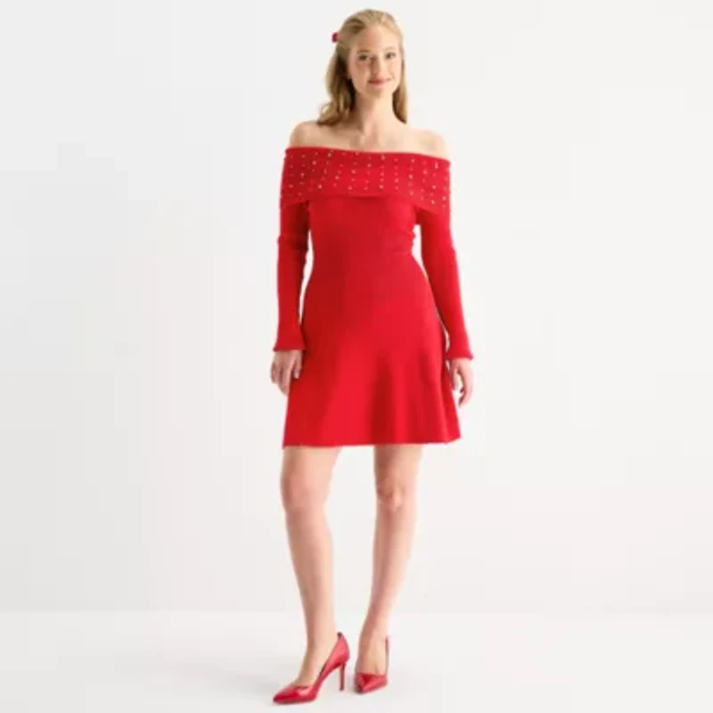 by&by Off Shoulder Womens Juniors Long Sleeve Embellished Sweater Dress