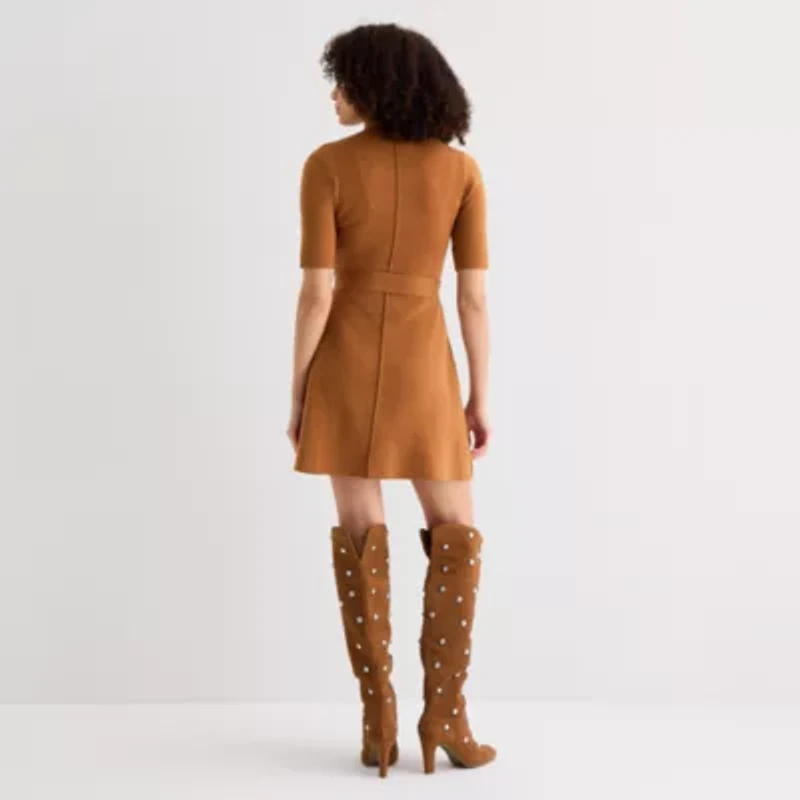 Willow Glenn Womens Short Sleeve Belted Sweater Dress