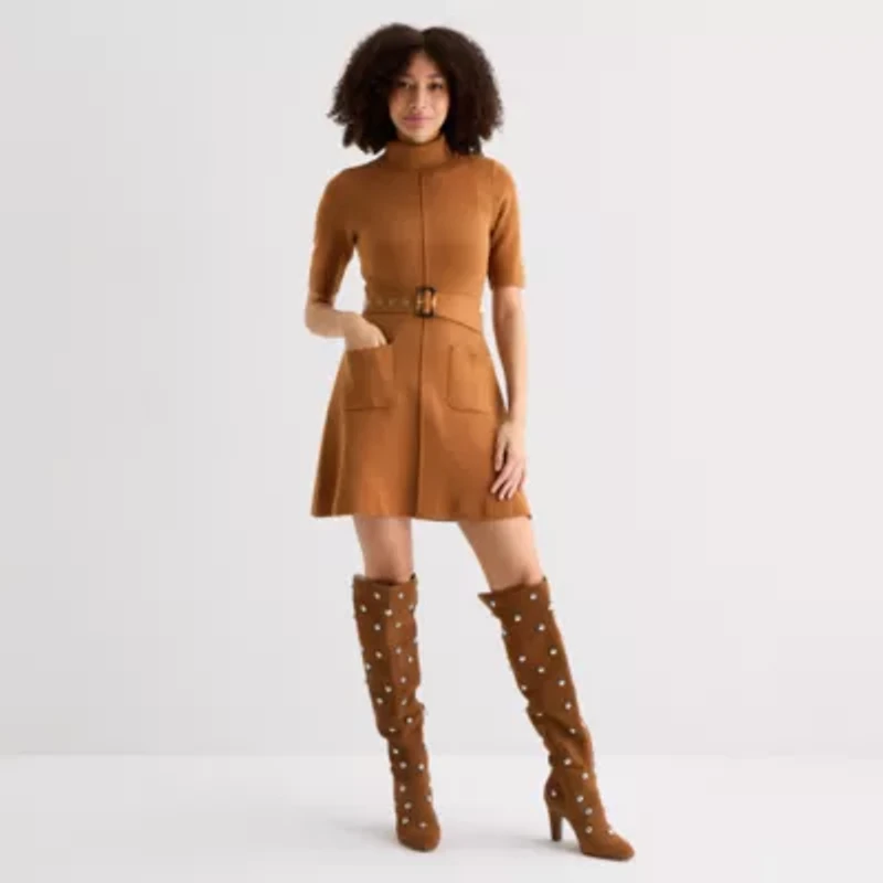 Willow Glenn Womens Short Sleeve Belted Sweater Dress
